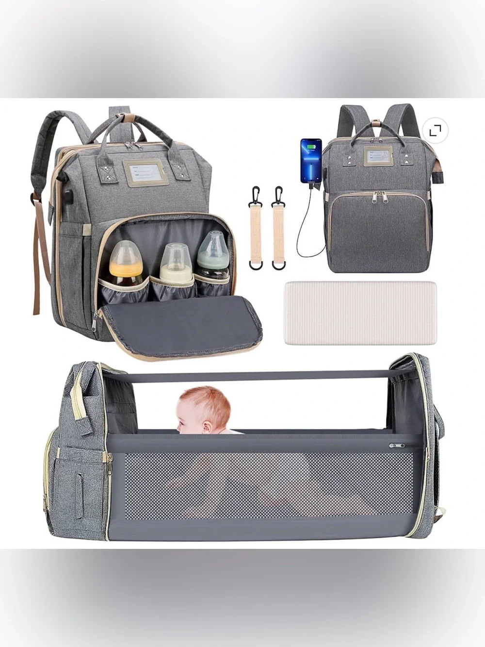 Gray 3-in-1 Diaper Bag Backpack w/ Fold-Out Bassinet Changing Station USB